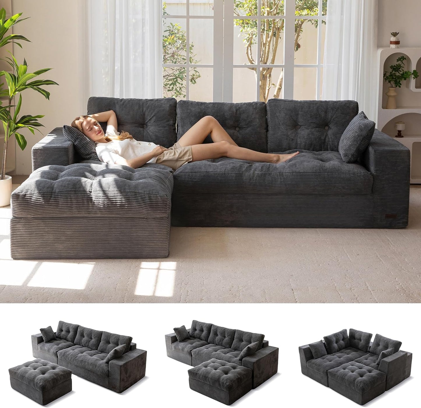 MAXYOYO L-Shaped Sectional Sofa with Convertible Left/Right Ottoman, Cloud Boneless Modular Couch, Layered Cushion & Tufted Upholstered, 4-in-1 Flexible Combination, No Assembly, Black
