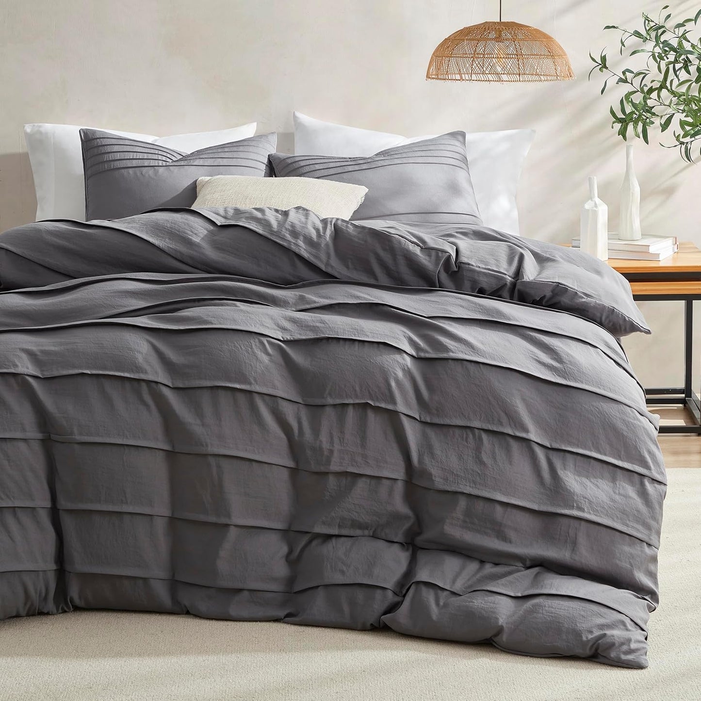 Oli Anderson Beige Duvet Cover Queen Size - Pleated Queen Duvet Cover, 3PCS Soft and Breathable Textured Bedding Set with Zipper Closure(Beige,90"x90")
