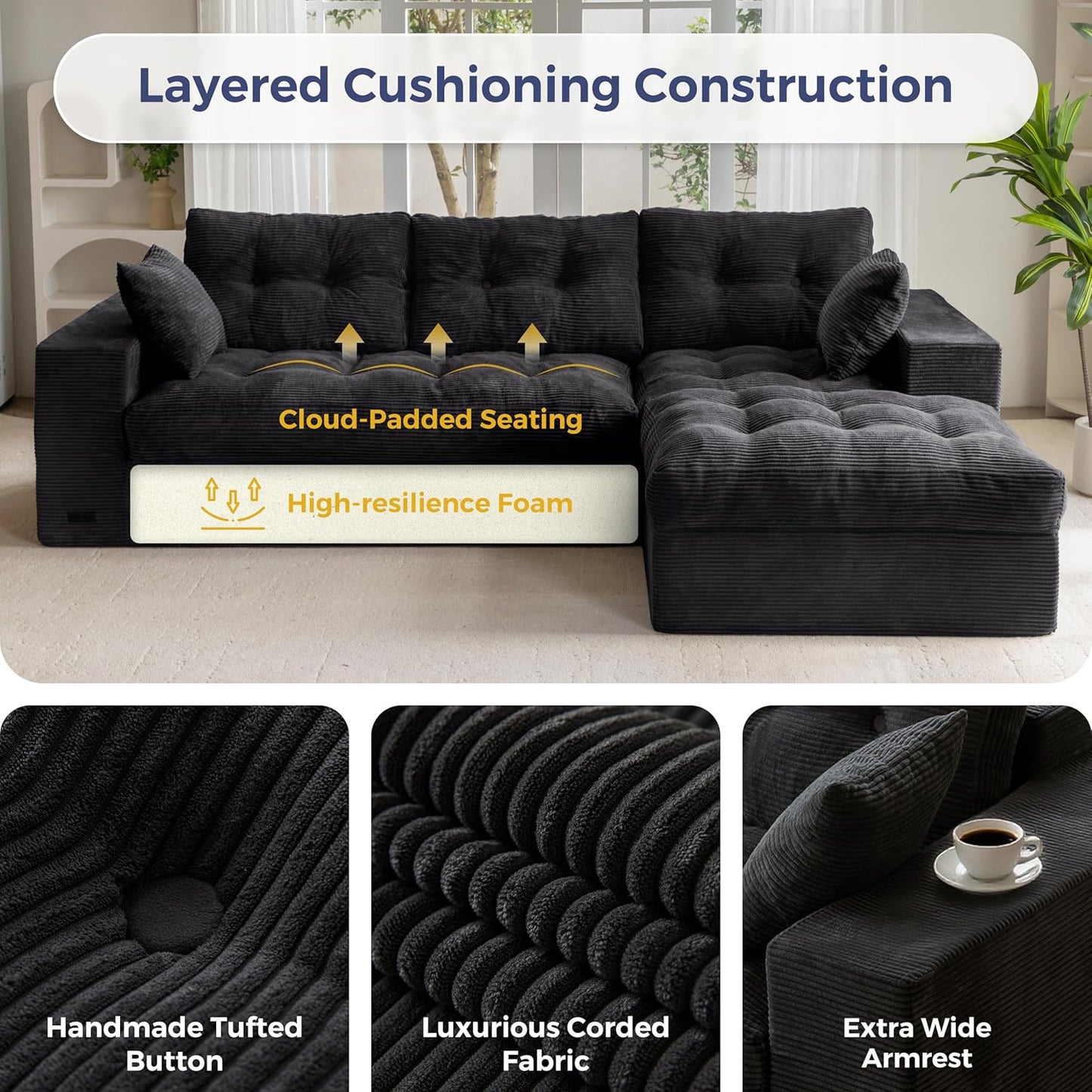 MAXYOYO L-Shaped Sectional Sofa with Convertible Left/Right Ottoman, Cloud Boneless Modular Couch, Layered Cushion & Tufted Upholstered, 4-in-1 Flexible Combination, No Assembly, Black
