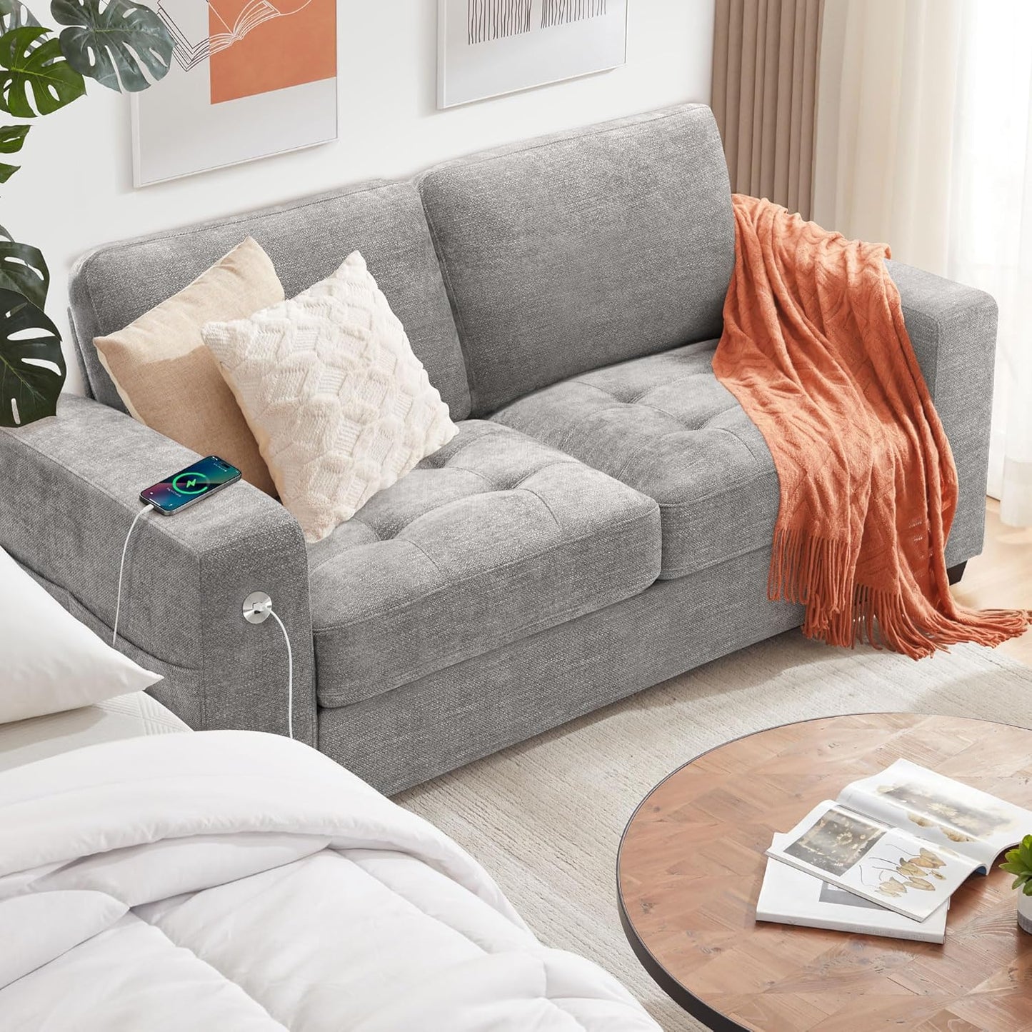 Ihanherry Modern Sofas 2-Seater Couches for Living Room, Chenille Sofas with Extra Large Seat Width & Depth, USB/Type-C Charging Port & Side Pocket, Removable Medium Firm Sofa Cushion(89inch, Brown)