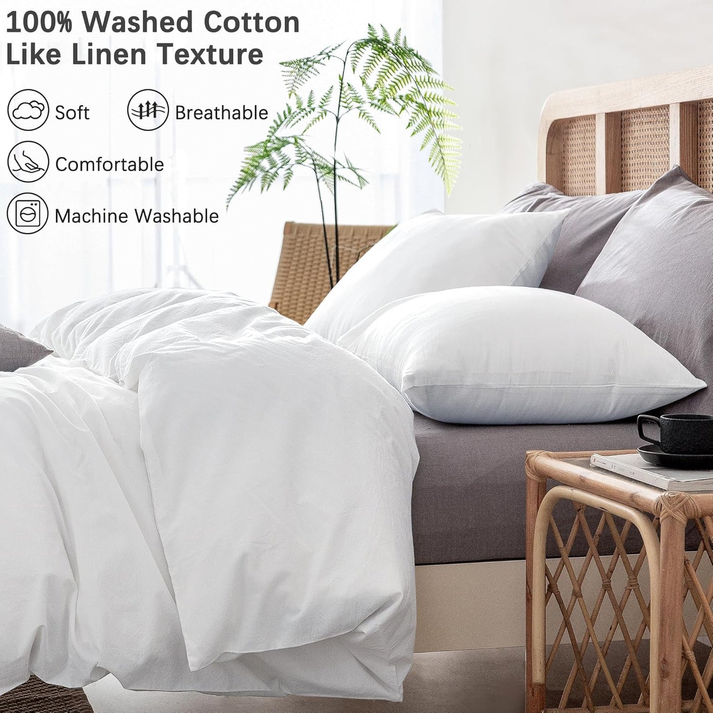 ATsense Duvet Cover King Size, 100% Washed Cotton Linen Feel Super Soft Comfortable, 3-Piece White Duvet Cover Bedding Set, Long-Lasting and Easy Care, Simple Style Farmhouse Comforter Cover