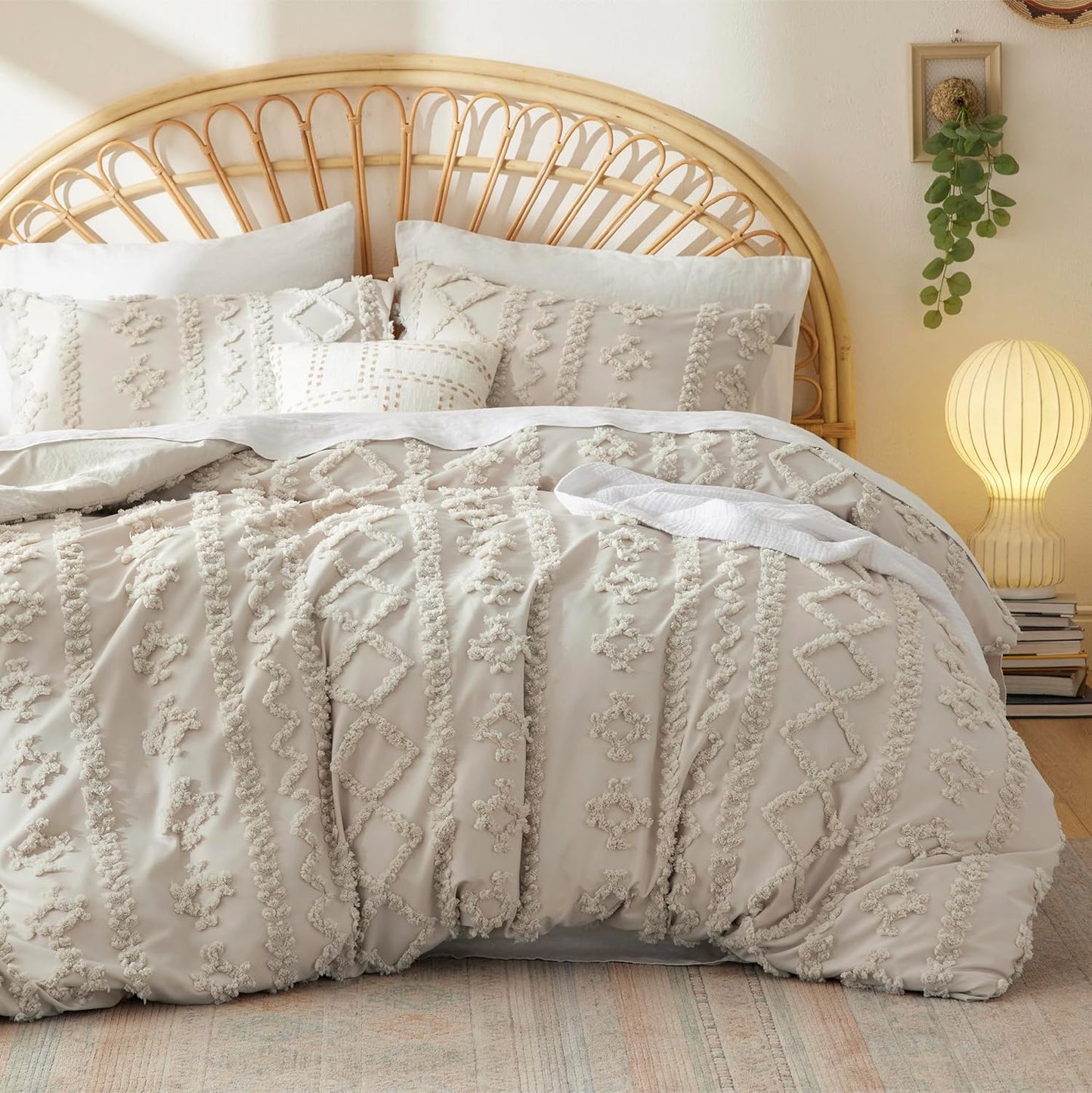 Bedsure Boho Kids Duvet Cover Queen Size(Duvet Insert/Comforter not Included - Tufted Duvet Cover Queen for All Seasons,Soft Shabby Chic Boho Bedding (Beige, 90" x 90")