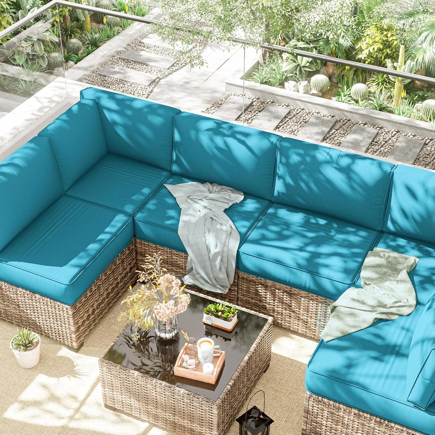 Outdoor Replacement Cushions for Patio Furniture, 5" Foam High-Density, 14-Piece Water-Resistant Outdoor Cushion for 6-Seat Sectional Patio Conversation Sets, Liner&Cover