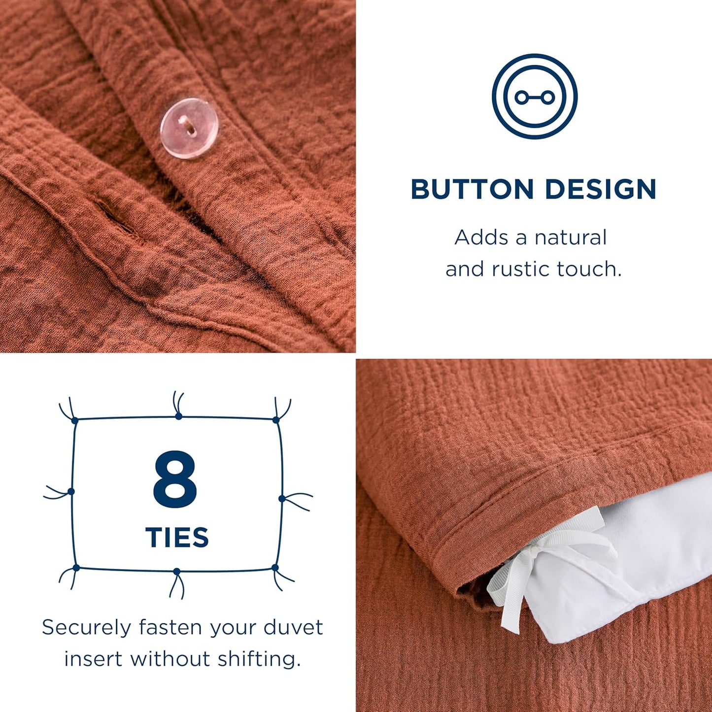 Bedsure 100% Muslin Cotton Duvet Cover King Size - Ultra-Soft, Breathable & Lightweight - Linen Like Gauze Comforter Cover Set with Button Closure and Corner Ties (Terracotta, King, 104"x90")
