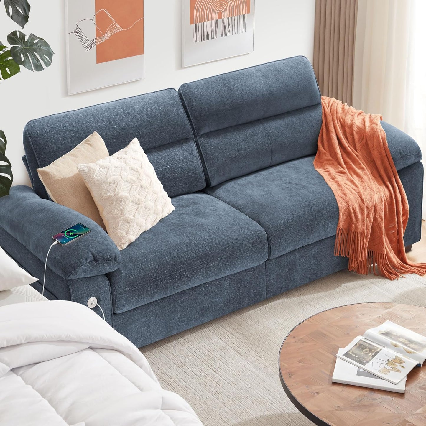 Ihanherry Modern Sofas 2-Seater Couches for Living Room, Chenille Sofas with Extra Large Seat Width & Depth, USB/Type-C Charging Port & Side Pocket, Removable Medium Firm Sofa Cushion(89inch, Brown)