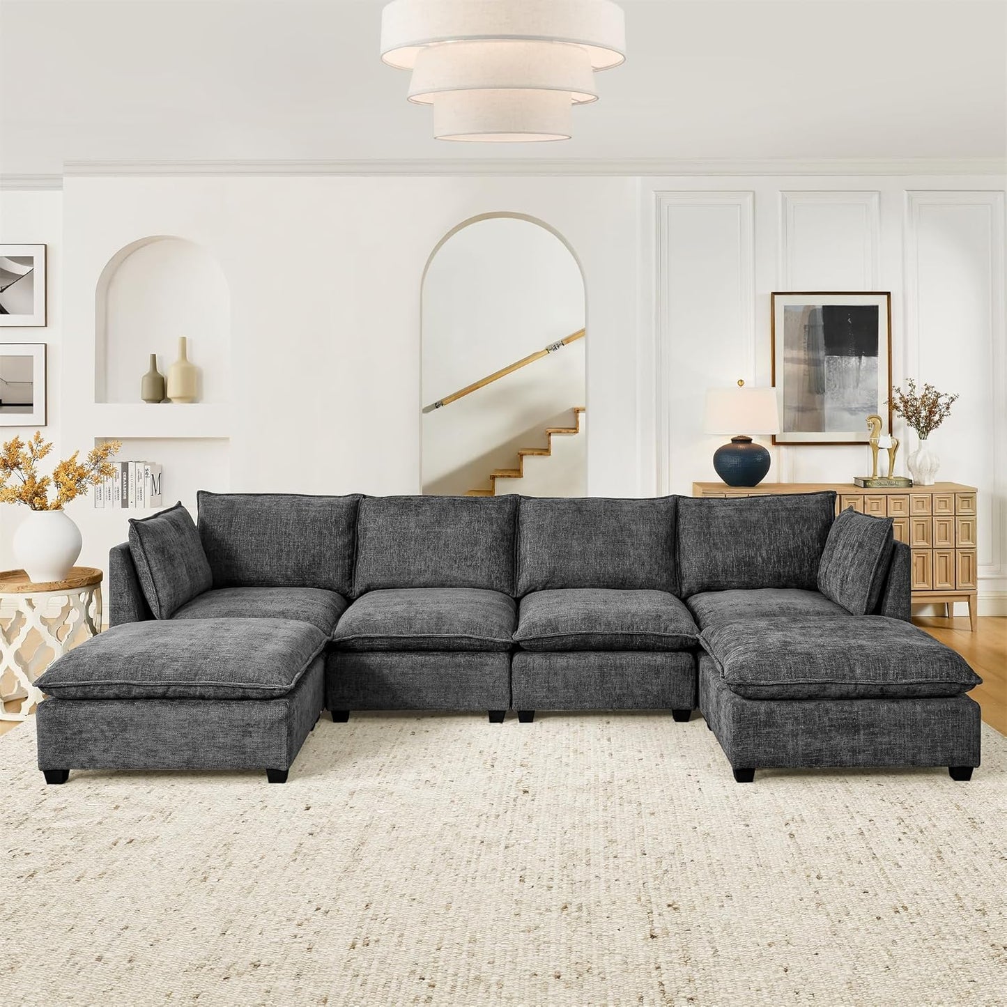 Oversized Modular Sectional Sofa Modern Cloud Couch with Movable Ottoman 7 Seater U/L Shaped Lounge Sofas Comfy Couches with Thicked Cushion Backrest for Living Room Spacious Space Office