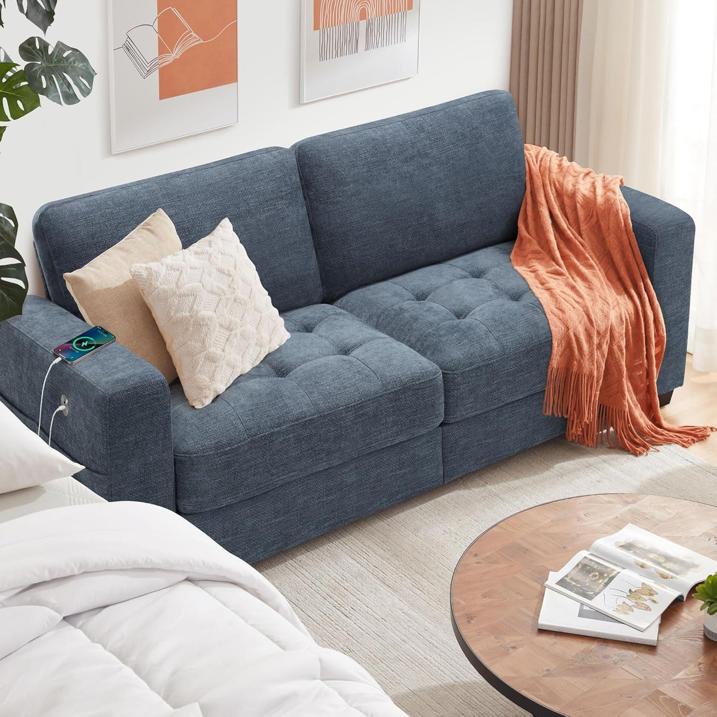 Ihanherry Modern Sofas 2-Seater Couches for Living Room, Chenille Sofas with Extra Large Seat Width & Depth, USB/Type-C Charging Port & Side Pocket, Removable Medium Firm Sofa Cushion(89inch, Brown)