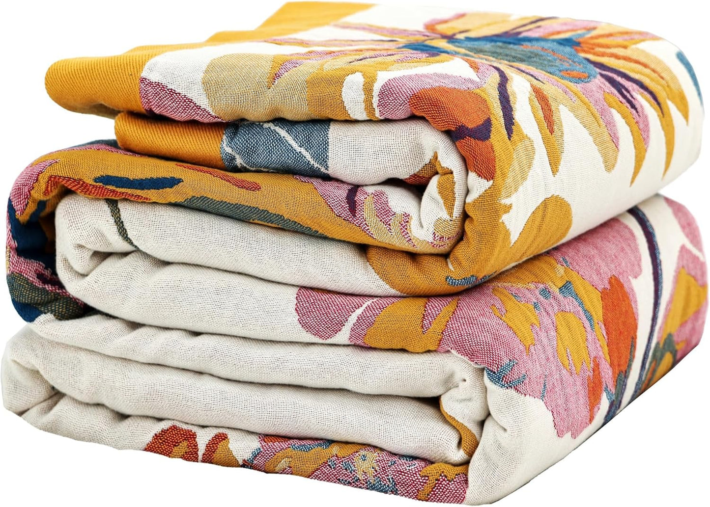 Boho Throw Blanket 60" x 80", 100% Organic Cotton Breathable Lightweight Ultra Soft Bed Quilt Throw - Summer Floral Butterfly Farmhouse Decor Blanket for Sofa Couch Chair and Gift.