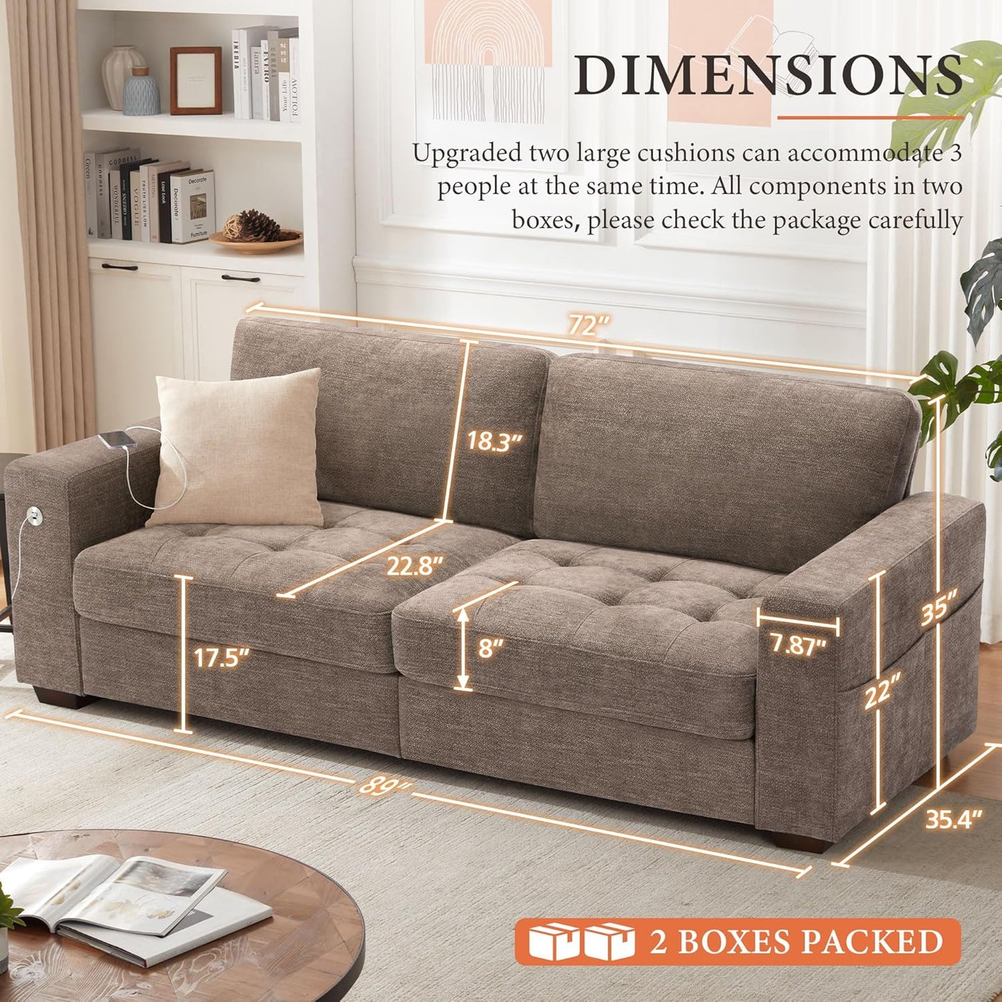 Ihanherry Modern Sofas 2-Seater Couches for Living Room, Chenille Sofas with Extra Large Seat Width & Depth, USB/Type-C Charging Port & Side Pocket, Removable Medium Firm Sofa Cushion(89inch, Brown)