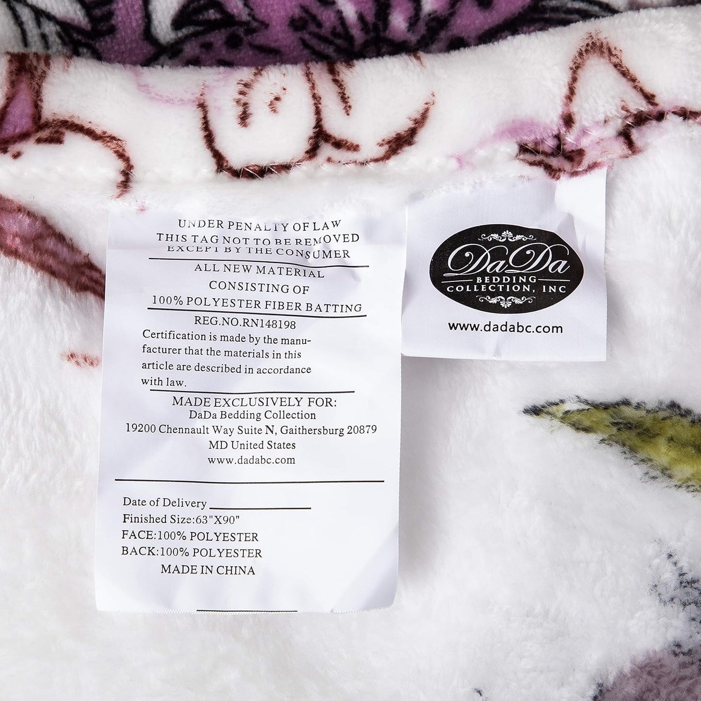 DaDa Bedding Purple Floral Faux Mink Fleece Throw Blanket – Ultra-Soft Plush Flannel Blossom Garden Birds Print, Orchid Lavender & Olive Green, Lightweight Warm Couch Sofa Bed 63"x 90"