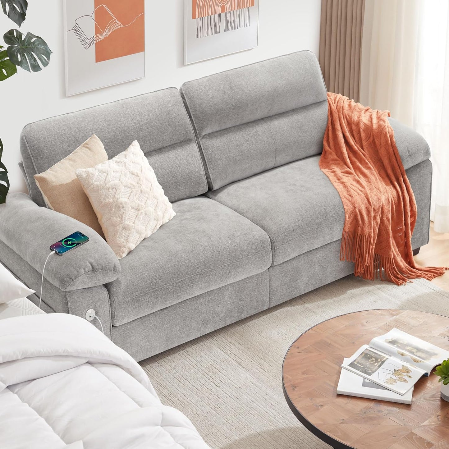 Ihanherry Modern Sofas 2-Seater Couches for Living Room, Chenille Sofas with Extra Large Seat Width & Depth, USB/Type-C Charging Port & Side Pocket, Removable Medium Firm Sofa Cushion(89inch, Brown)