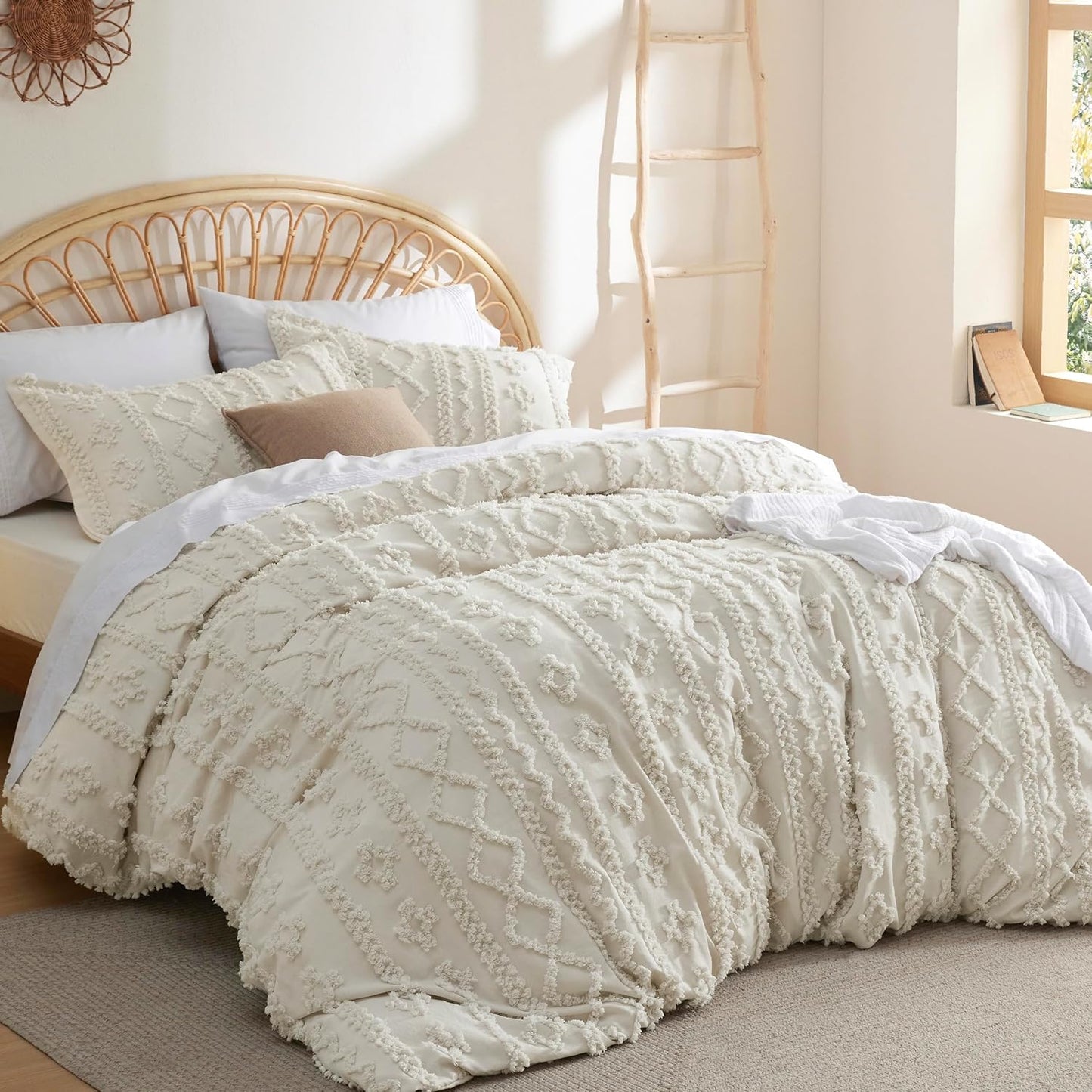 Bedsure Boho Kids Duvet Cover Queen Size(Duvet Insert/Comforter not Included - Tufted Duvet Cover Queen for All Seasons,Soft Shabby Chic Boho Bedding (Beige, 90" x 90")