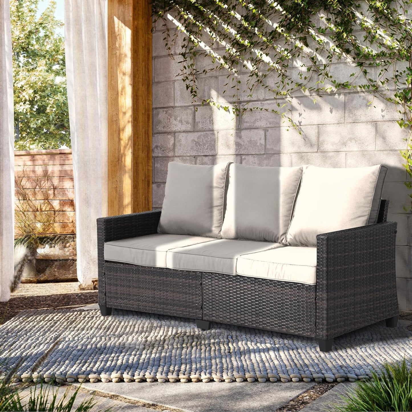 All Weather Patio Sofa, 3 Seat Outdoor Couch with High Back and Thick Cushions,Outdoor Sofa Furniture with Premium Wicker for Garden, Backyard, Porch,Beige