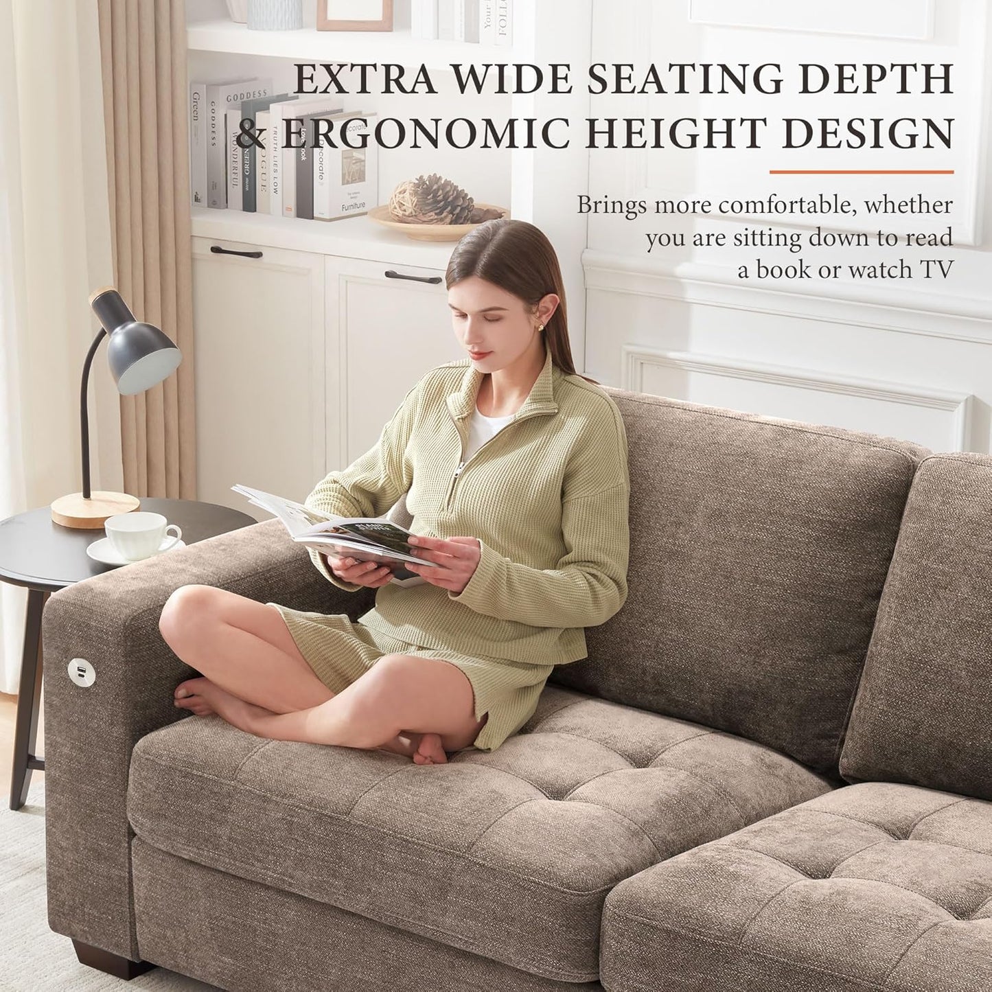 Ihanherry Modern Sofas 2-Seater Couches for Living Room, Chenille Sofas with Extra Large Seat Width & Depth, USB/Type-C Charging Port & Side Pocket, Removable Medium Firm Sofa Cushion(89inch, Brown)