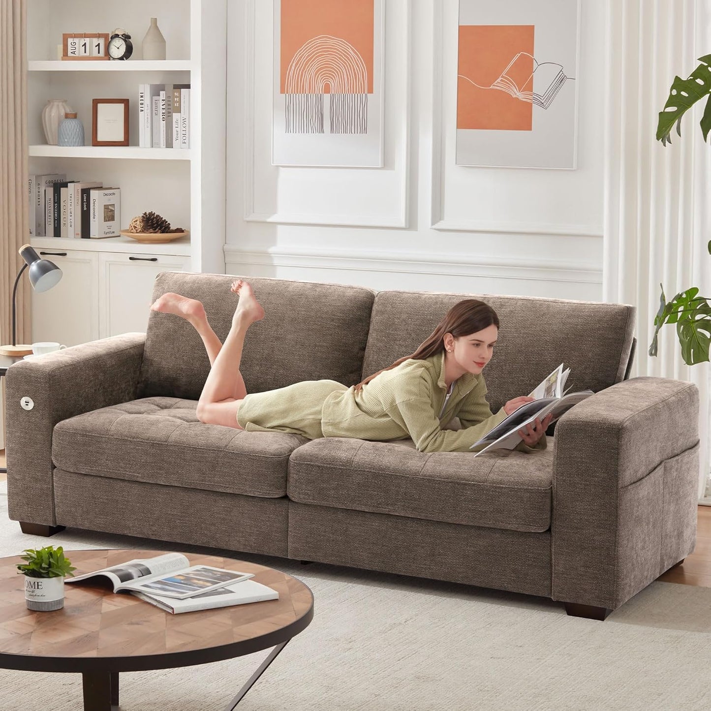 Ihanherry Modern Sofas 2-Seater Couches for Living Room, Chenille Sofas with Extra Large Seat Width & Depth, USB/Type-C Charging Port & Side Pocket, Removable Medium Firm Sofa Cushion(89inch, Brown)