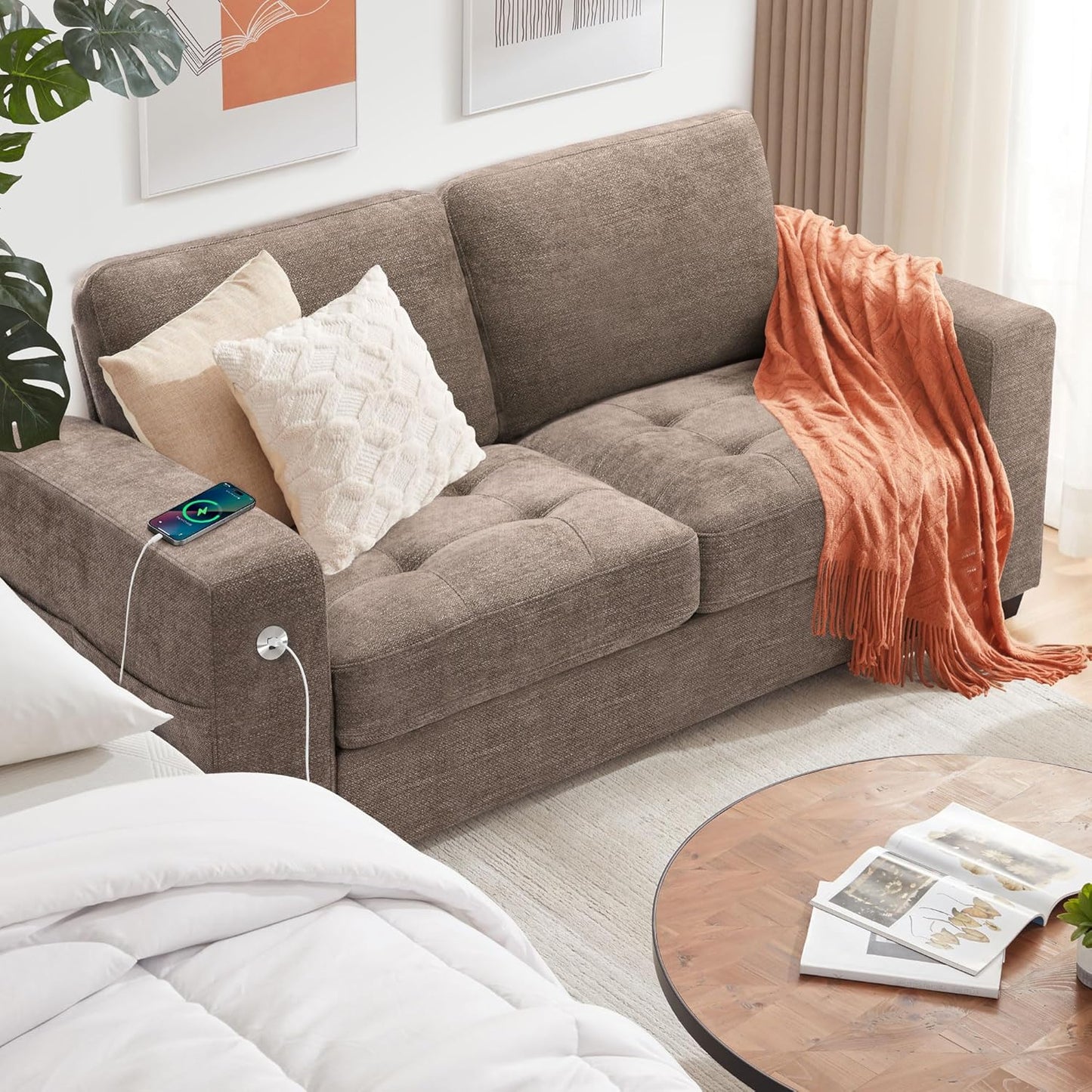 Ihanherry Modern Sofas 2-Seater Couches for Living Room, Chenille Sofas with Extra Large Seat Width & Depth, USB/Type-C Charging Port & Side Pocket, Removable Medium Firm Sofa Cushion(89inch, Brown)