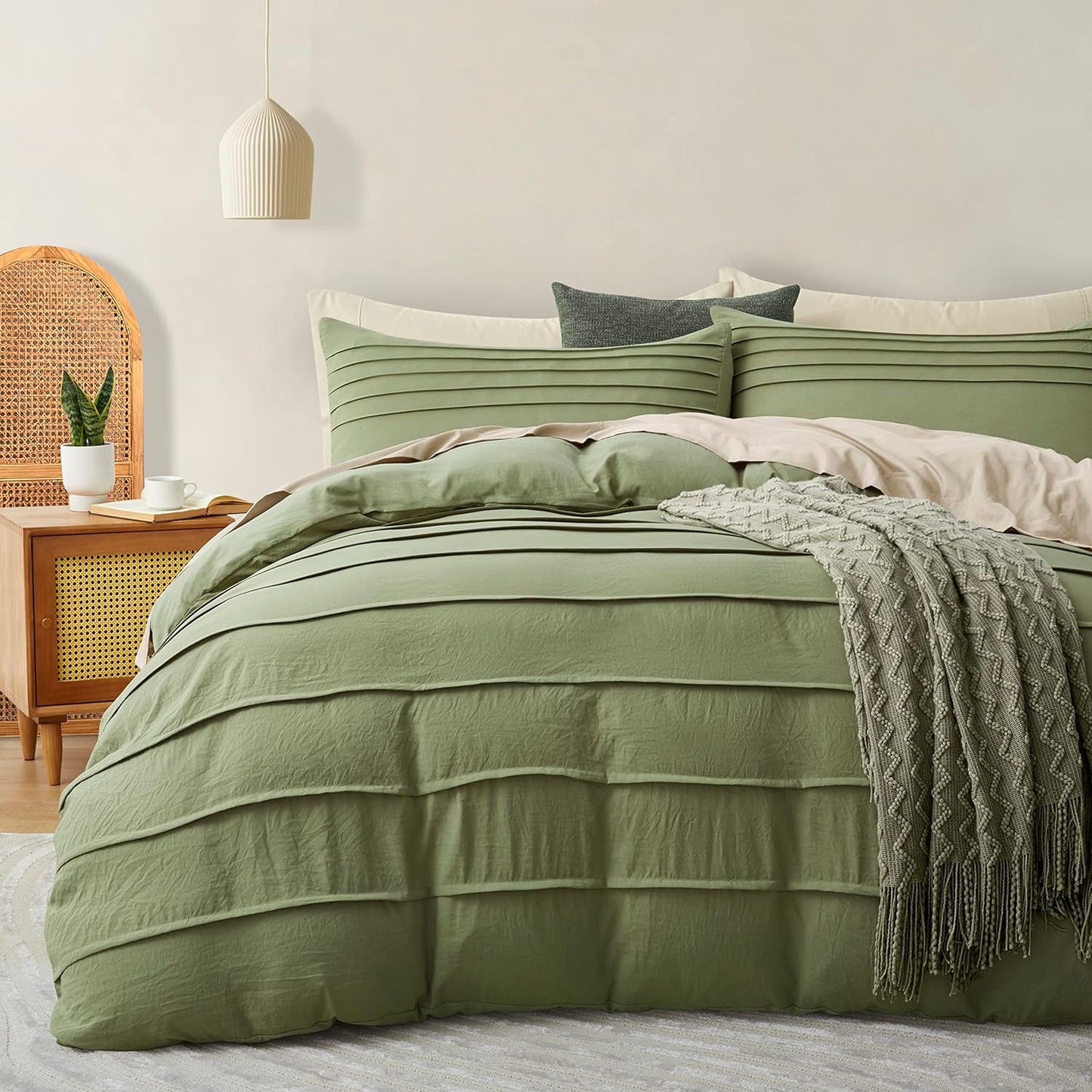 Oli Anderson Beige Duvet Cover Queen Size - Pleated Queen Duvet Cover, 3PCS Soft and Breathable Textured Bedding Set with Zipper Closure(Beige,90"x90")