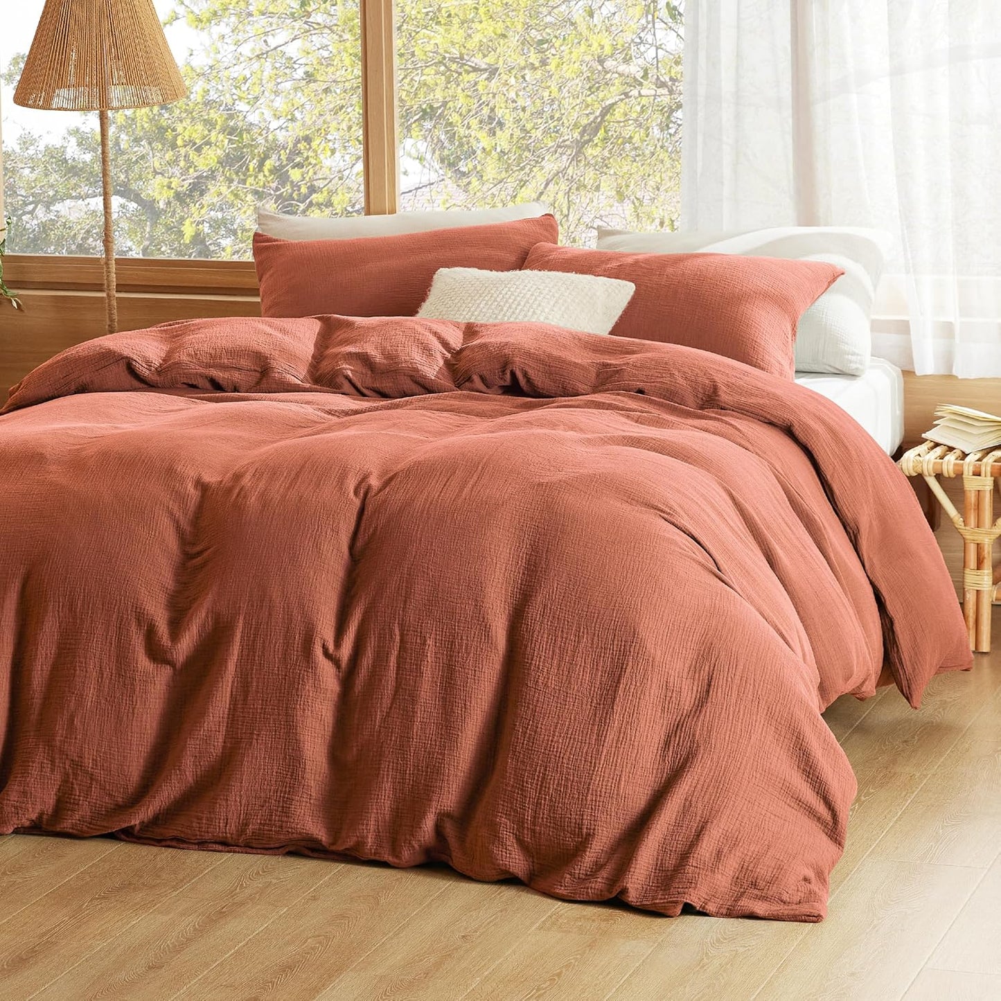 Bedsure 100% Muslin Cotton Duvet Cover King Size - Ultra-Soft, Breathable & Lightweight - Linen Like Gauze Comforter Cover Set with Button Closure and Corner Ties (Terracotta, King, 104"x90")