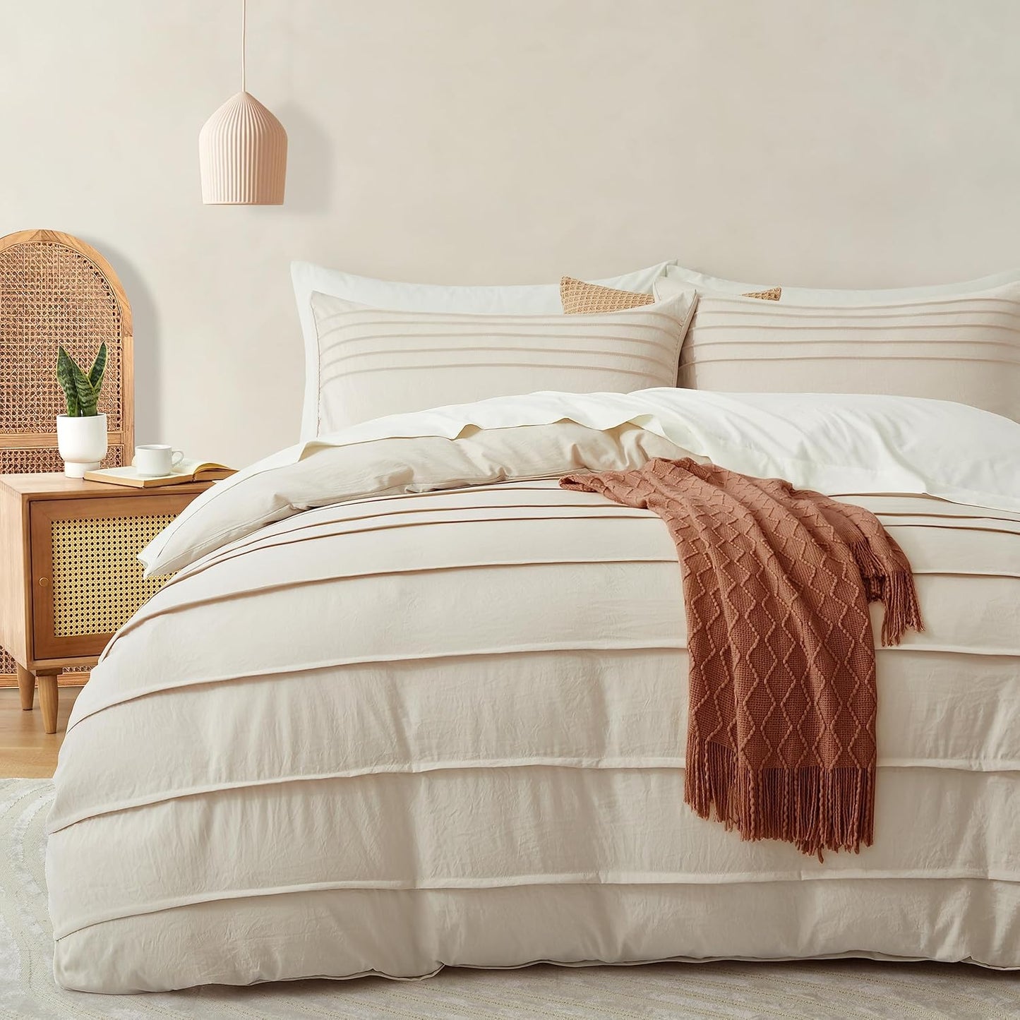 Oli Anderson Beige Duvet Cover Queen Size - Pleated Queen Duvet Cover, 3PCS Soft and Breathable Textured Bedding Set with Zipper Closure(Beige,90"x90")
