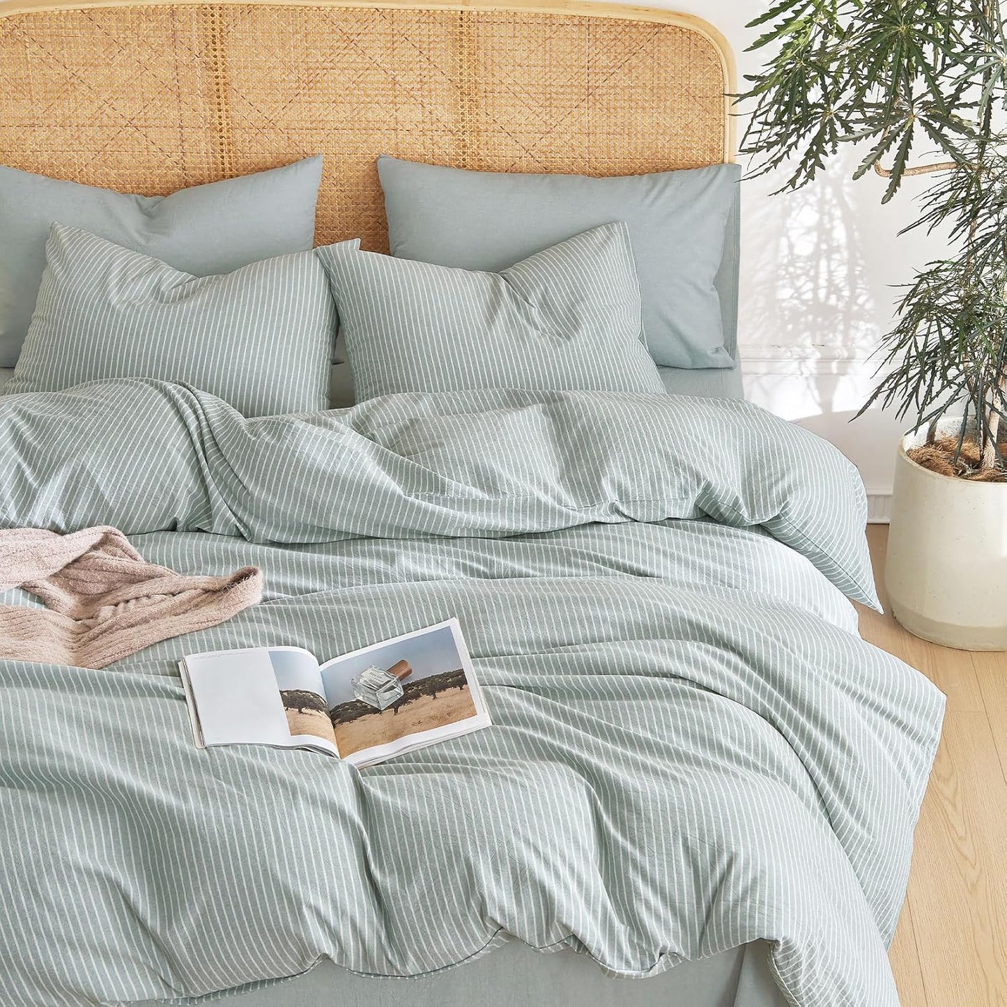 Wake In Cloud - Striped Cotton Duvet Cover Set, 100% Washed Cotton Textured Percale Bedding Set, Ticking Stripe Pinstripe Farmhouse, 3 Pieces, Denim Blue, Queen Size