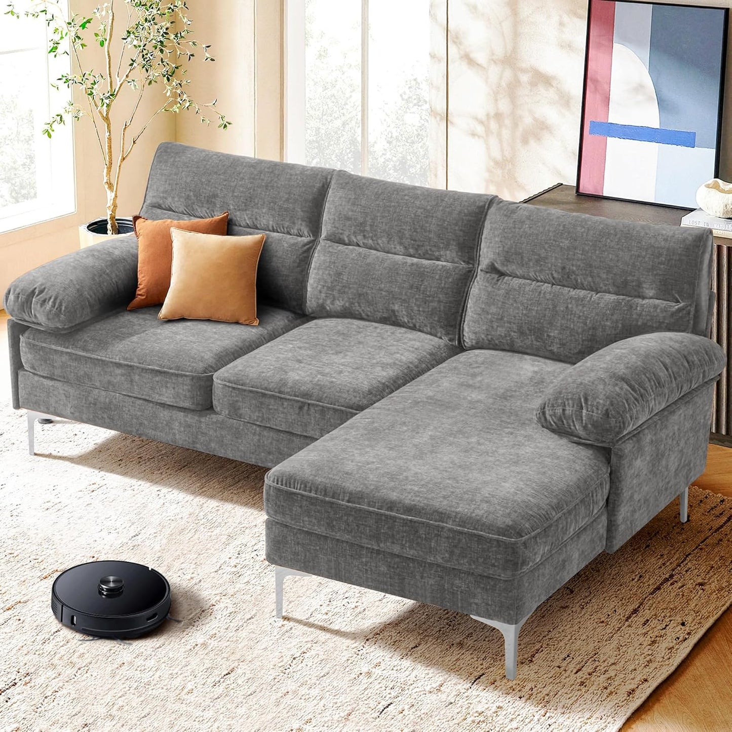 Ihanherry Modern Sofas 2-Seater Couches for Living Room, Chenille Sofas with Extra Large Seat Width & Depth, USB/Type-C Charging Port & Side Pocket, Removable Medium Firm Sofa Cushion(89inch, Brown)