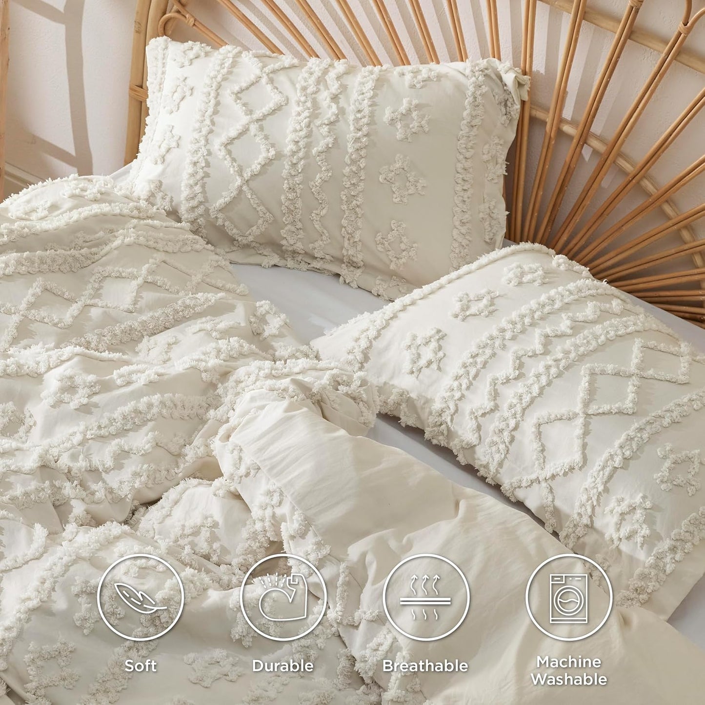 Bedsure Boho Kids Duvet Cover Queen Size(Duvet Insert/Comforter not Included - Tufted Duvet Cover Queen for All Seasons,Soft Shabby Chic Boho Bedding (Beige, 90" x 90")