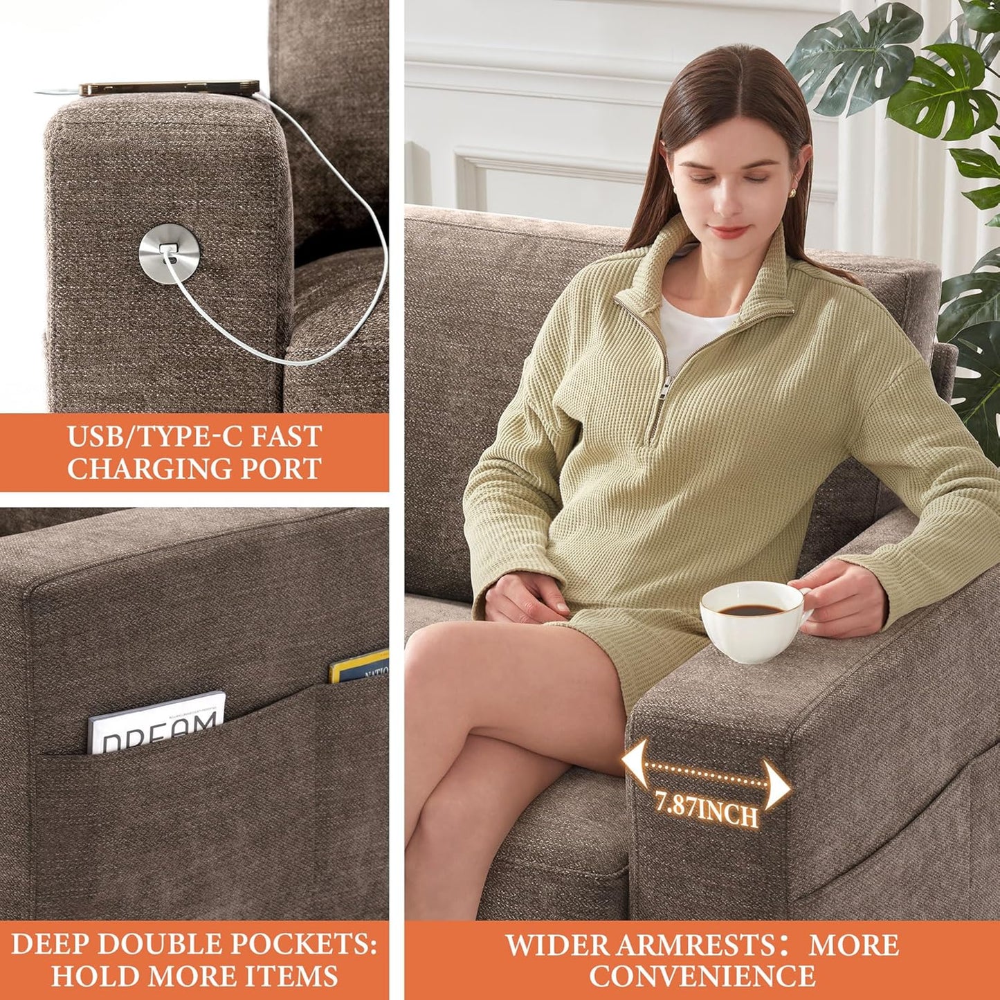 Ihanherry Modern Sofas 2-Seater Couches for Living Room, Chenille Sofas with Extra Large Seat Width & Depth, USB/Type-C Charging Port & Side Pocket, Removable Medium Firm Sofa Cushion(89inch, Brown)