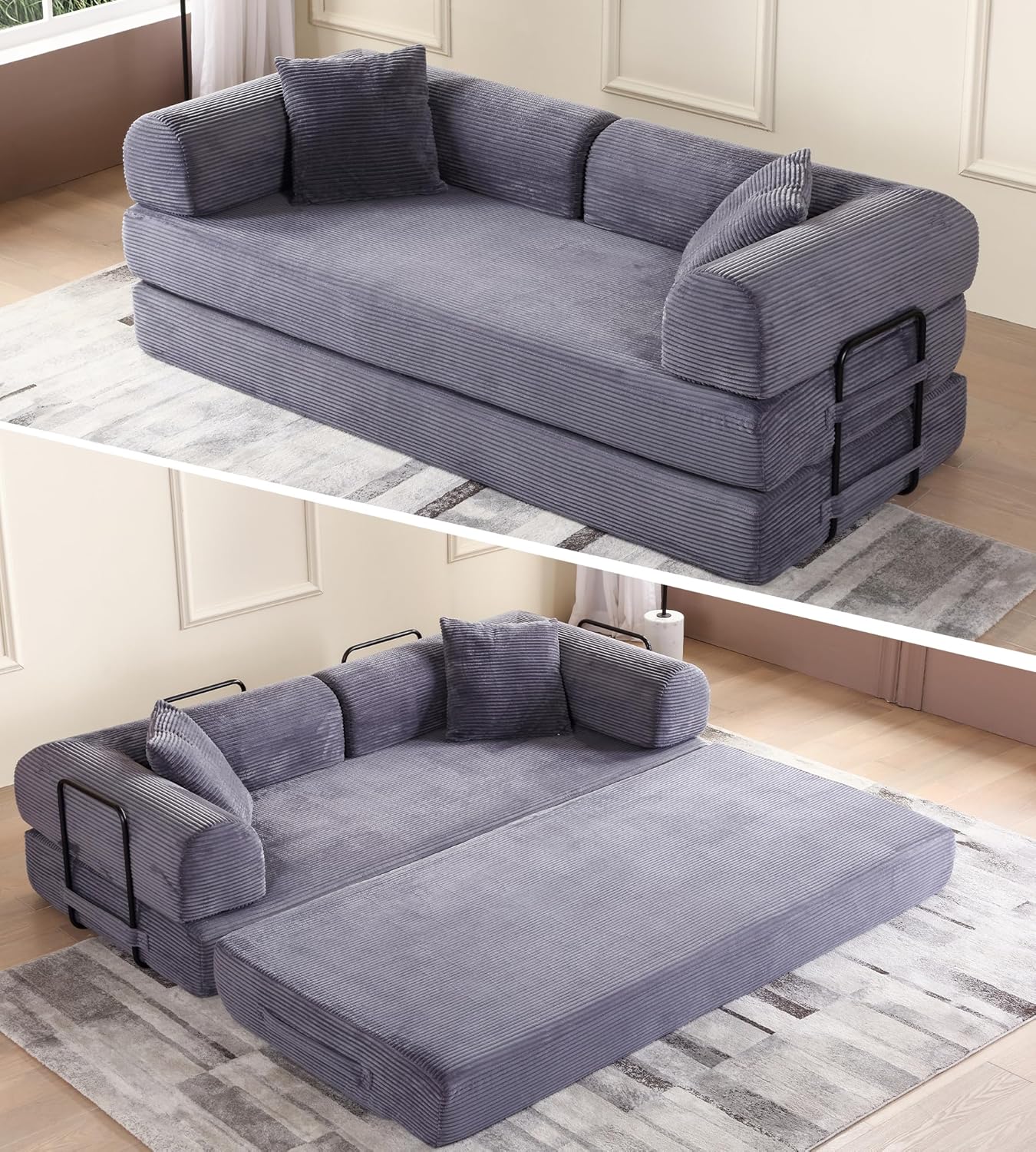 Convertible Sleeper Sofa Bed, Corduroy Folding Sofa Bed with Fixed-Shape Frame, Fold Out Floor Mattress Couch, Lazy Compression Sofa for Living Room, Bedroom, No Assembly Required, Beige