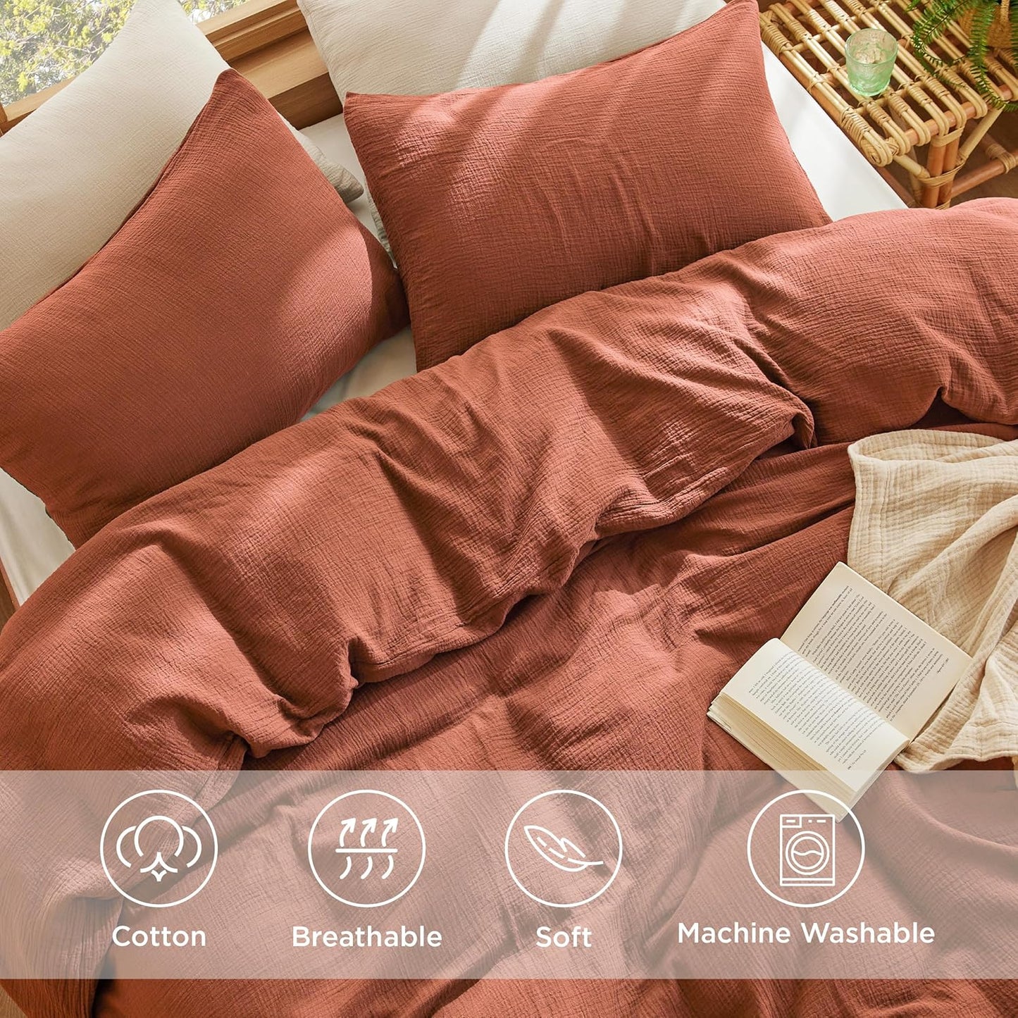 Bedsure 100% Muslin Cotton Duvet Cover King Size - Ultra-Soft, Breathable & Lightweight - Linen Like Gauze Comforter Cover Set with Button Closure and Corner Ties (Terracotta, King, 104"x90")