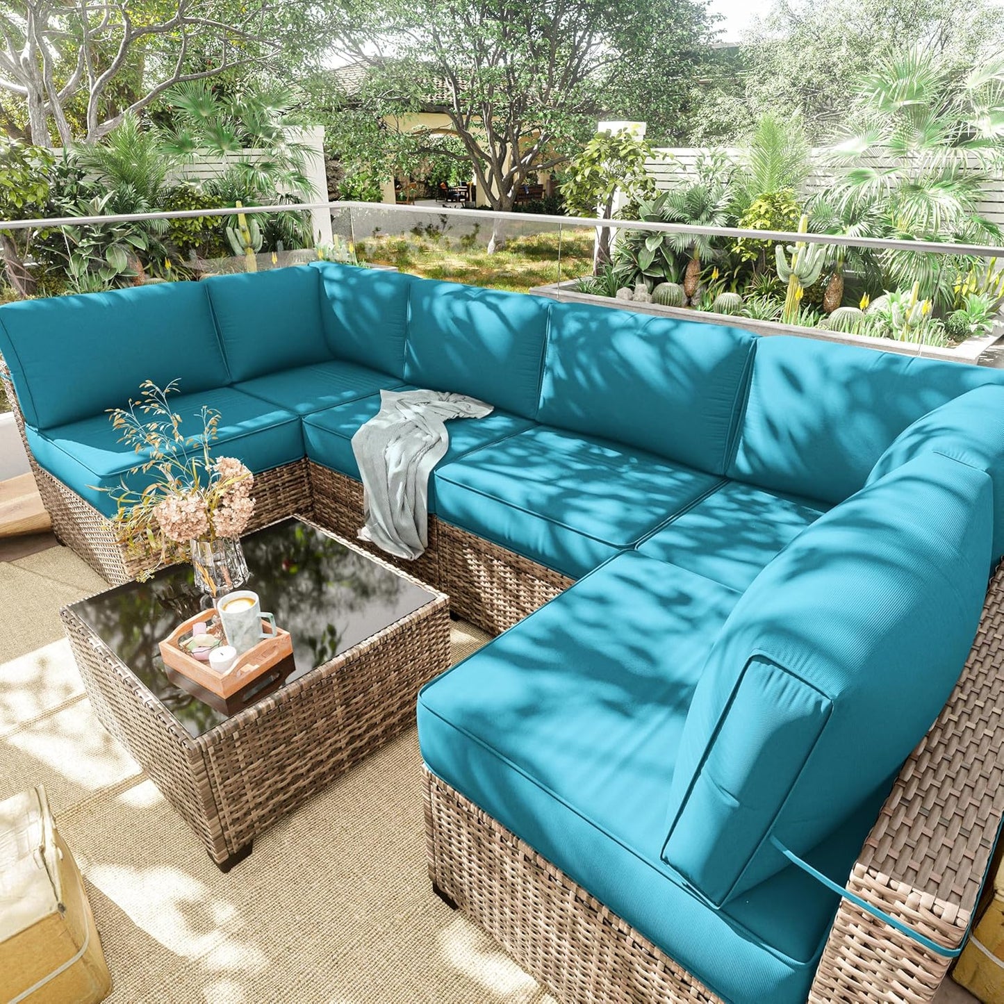 Outdoor Replacement Cushions for Patio Furniture, 5" Foam High-Density, 14-Piece Water-Resistant Outdoor Cushion for 6-Seat Sectional Patio Conversation Sets, Liner&Cover