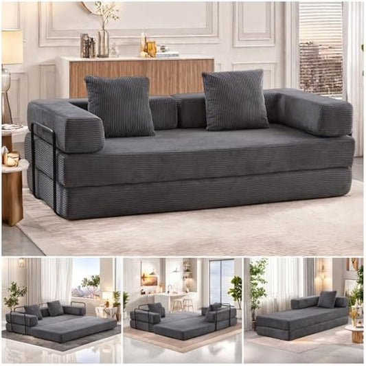 Convertible Floor Sofa Bed, Foldable Mattress Cloud Couch with Pillow Back & Armrest, Corduroy Sleeper Sofa Bed with Fixed-Shape Frame, Compressed Couch for Living Room Bedroom, Dark Gray