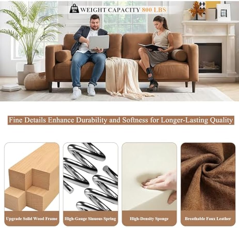HIFIT Sofa Couches, 79” Mid-Century Modern Couch, Breathable Faux Leather Couch with Upholstered Cushions/Pillows, 3-Seat Sofas & Couches, for Living Room Apartment Office, Brown