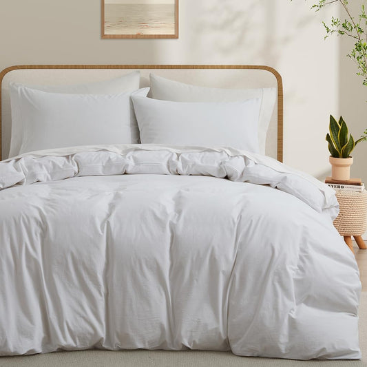 LOVQUE 100% Washed Cotton Duvet Cover Queen Size, White Linen Like Breathable Natural Bedding Set (No Comforter), 90x90 Inches