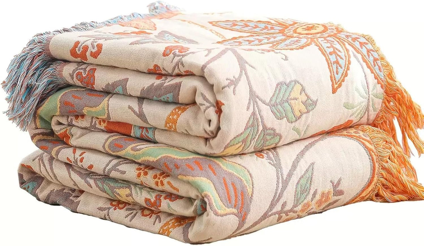 Floral Throw Blanket Pure Cotton Ultra Soft Lightweight Blanket Reversible Farmhouse Blankets Reversible Rustic Throw for Sofa Couch (60"x80",05-Butterfly and Flower)