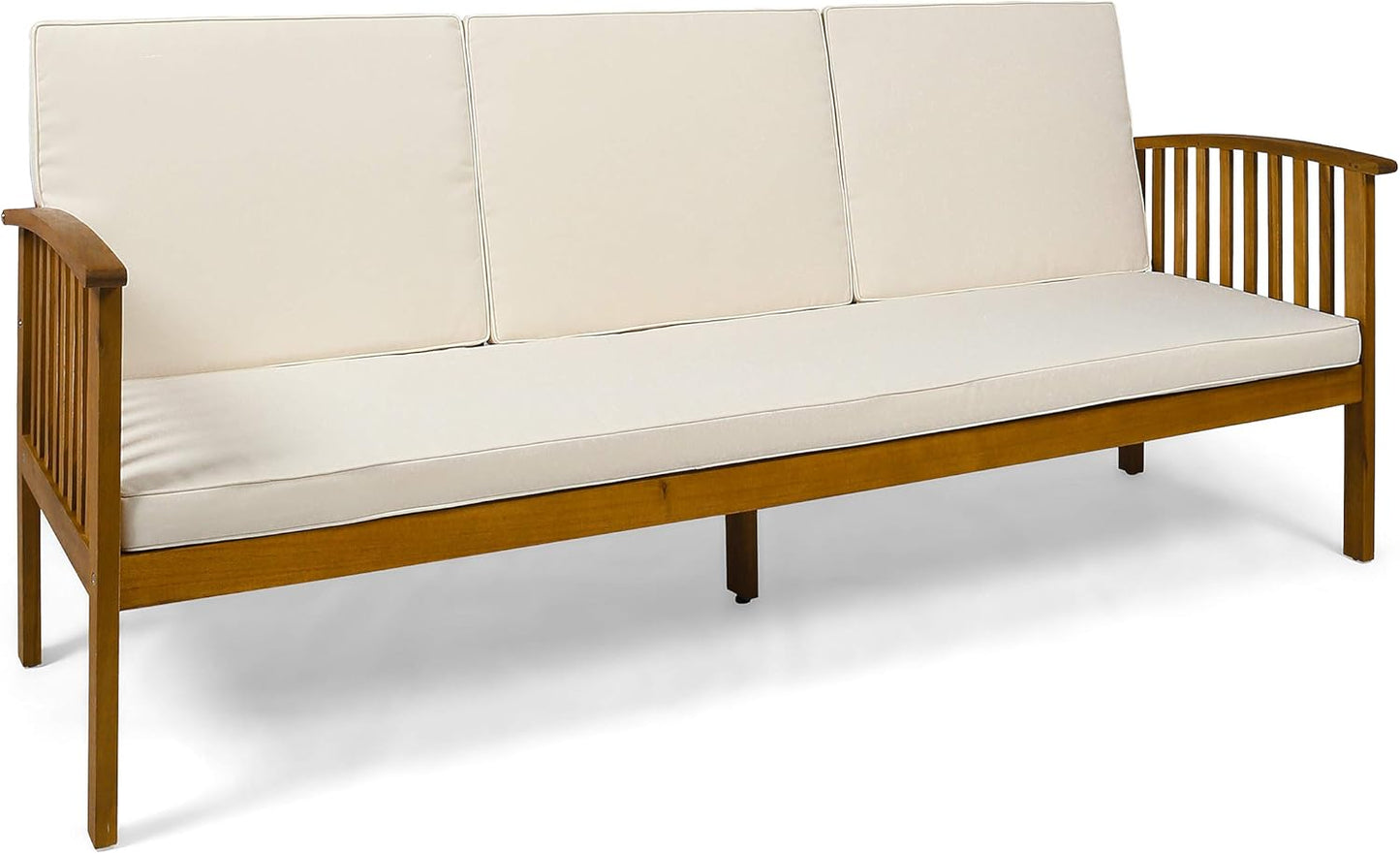 Christopher Knight Home Breenda Outdoor Acacia Wood Sofa with Cushions, Teak Finish, Cream
