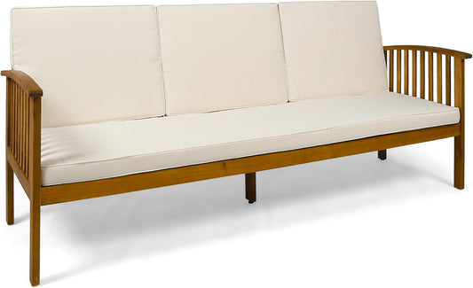 Christopher Knight Home Breenda Outdoor Acacia Wood Sofa with Cushions, Teak Finish, Cream
