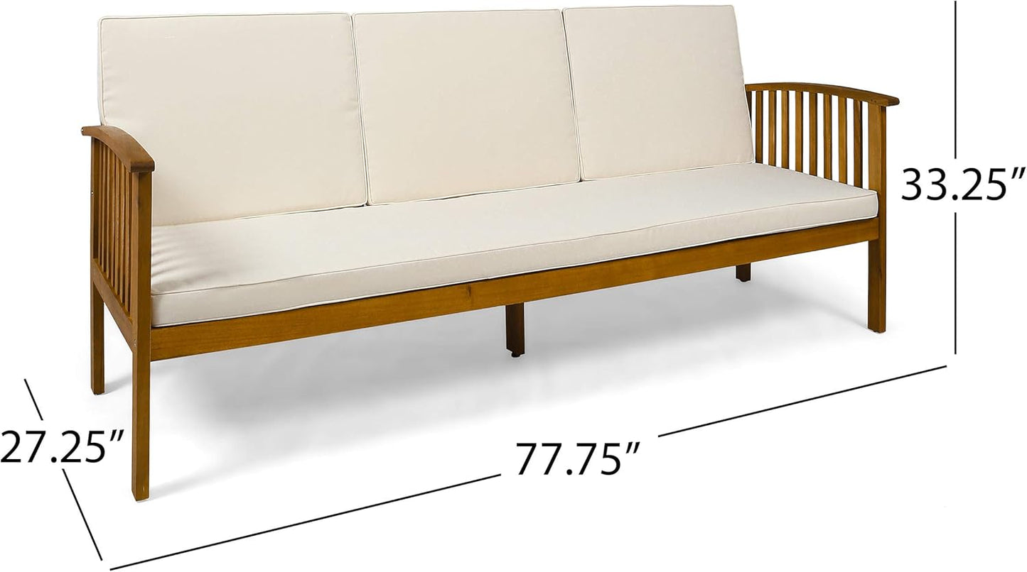Christopher Knight Home Breenda Outdoor Acacia Wood Sofa with Cushions, Teak Finish, Cream