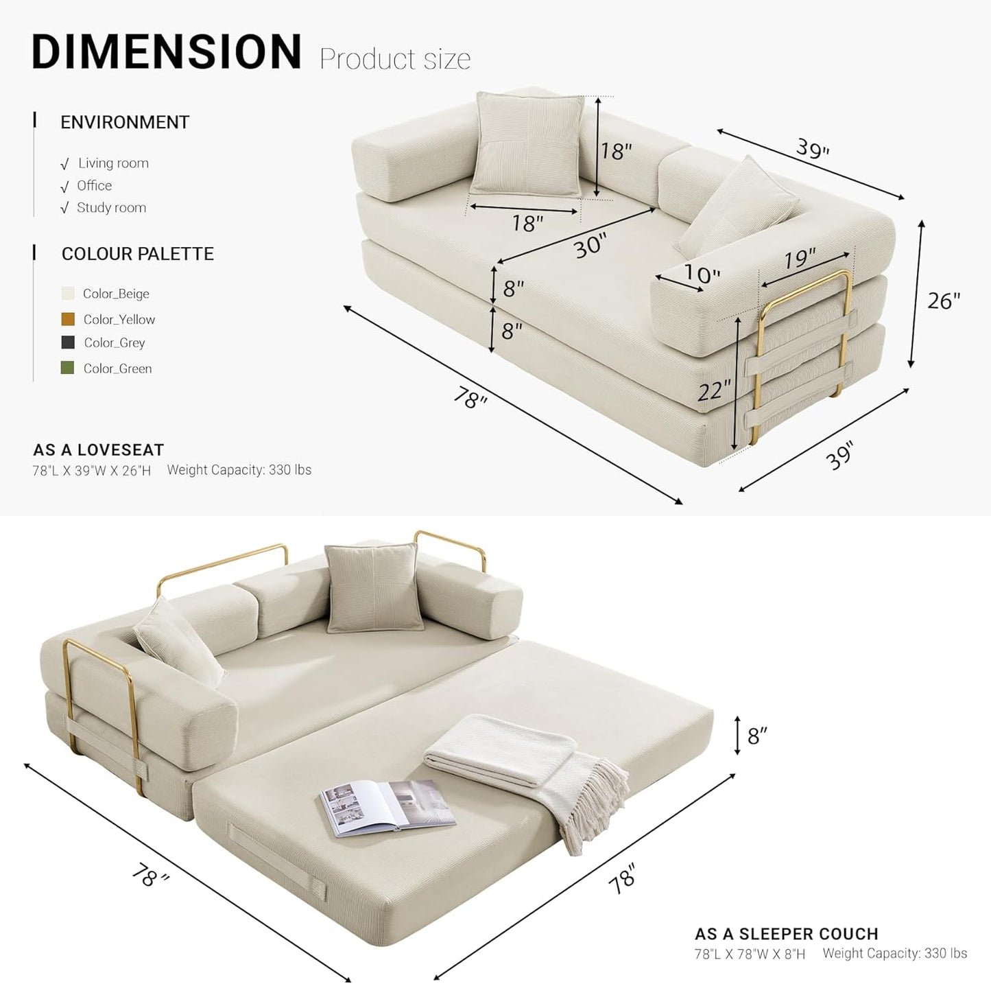 Convertible Sleeper Sofa Bed, Corduroy Folding Sofa Bed with Fixed-Shape Frame, Fold Out Floor Mattress Couch, Lazy Compression Sofa for Living Room, Bedroom, No Assembly Required, Beige