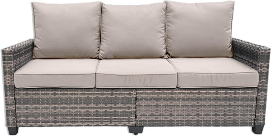 All Weather Patio Sofa, 3 Seat Outdoor Couch with High Back and Thick Cushions,Outdoor Sofa Furniture with Premium Wicker for Garden, Backyard, Porch,Beige