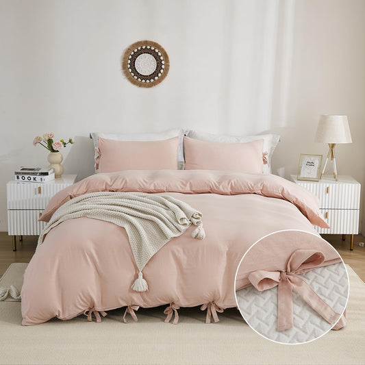 annadaif Pink Duvet Cover Queen (90x90 Inch), 3 Pieces (1 Duvet Cover, 2 Pillowcases) Soft Washed Microfiber Bowknot Bow Tie Duvet Cover Set, Easy Care Bedding Set for Men, Women