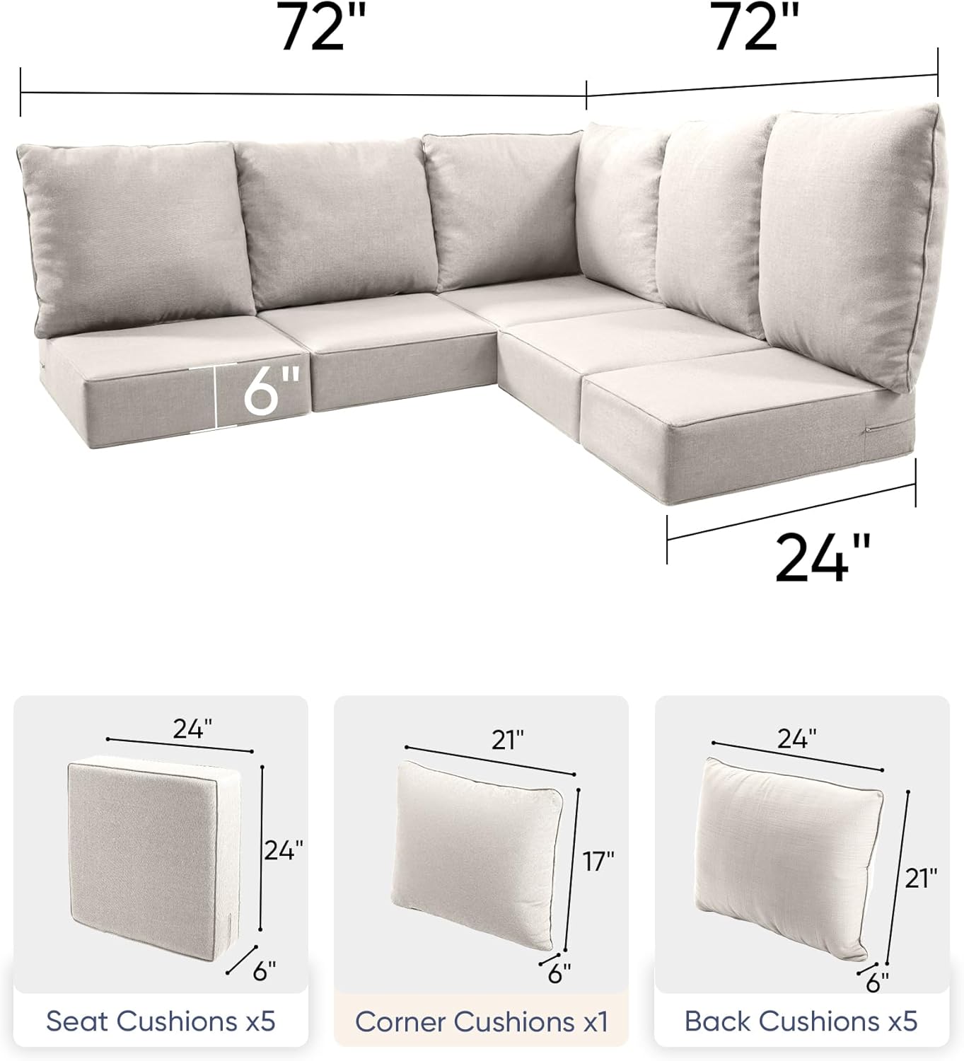 Luxury 24x24x6 Outdoor Cushions for 5-Seat Sectional Sofa Set of 5 - Water-Repellent 11-Piece Patio Cushion Set for Outside Rattan Wicker Loveseat Chair L-Shape Couch - Beige/Classic
