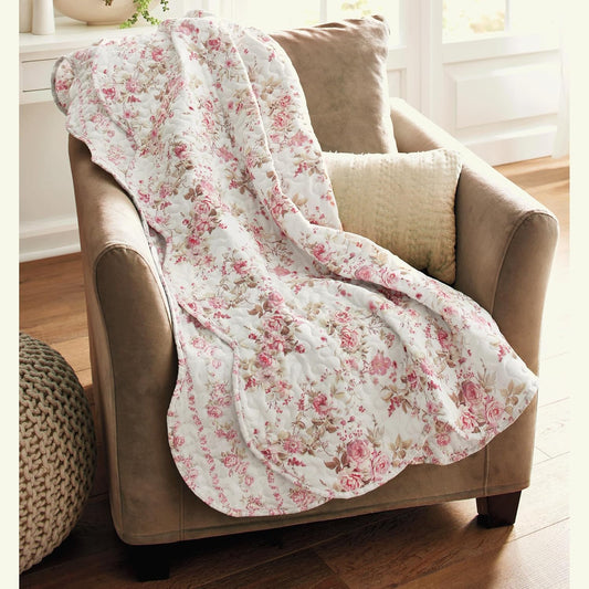 Montgomery Ward Cottage Rose Quilted Throw Blanket for Couch, Pink Floral Quilted Throw Blanket for Women