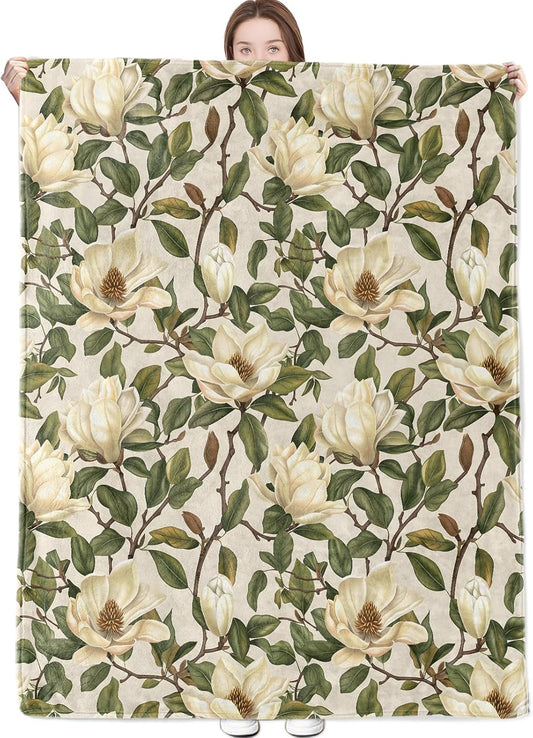 Magnolia Floral Blanket Vintage Botanical Style Throw Blankets with Flower and Leaf Lightweight Flannel Throws for Camping Couch Chair Office Bed Home Decor Gifts for Adults,60x50inch