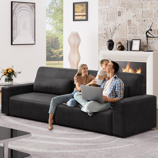 HIFIT 105" Black Faux Leather Sofa Couches for Living Room, Modern Comfy Couch with 28" Deep Seat & Fluffy Cushion, 4-Seater Home Sofa Living Room Furniture for Office with 2 Pillows, Solid Wood Frame
