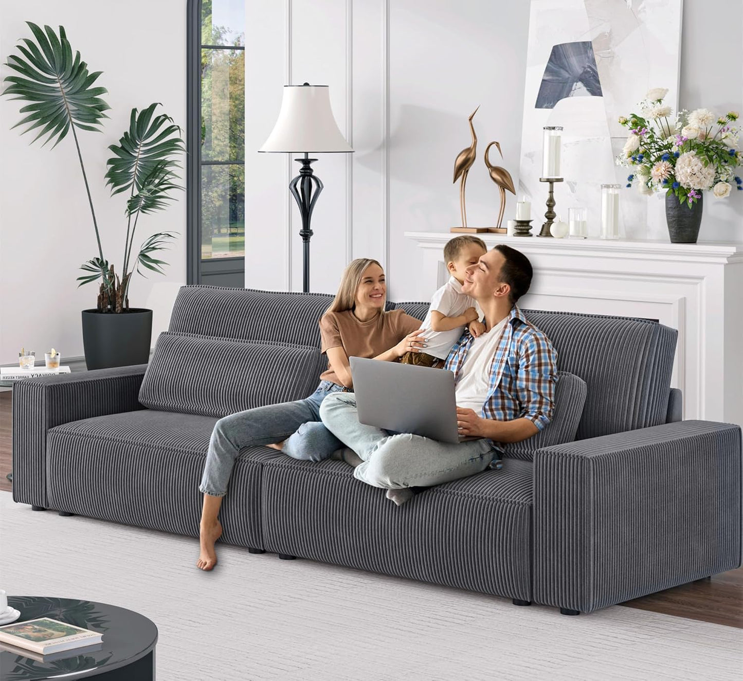 HIFIT 105" Black Faux Leather Sofa Couches for Living Room, Modern Comfy Couch with 28" Deep Seat & Fluffy Cushion, 4-Seater Home Sofa Living Room Furniture for Office with 2 Pillows, Solid Wood Frame