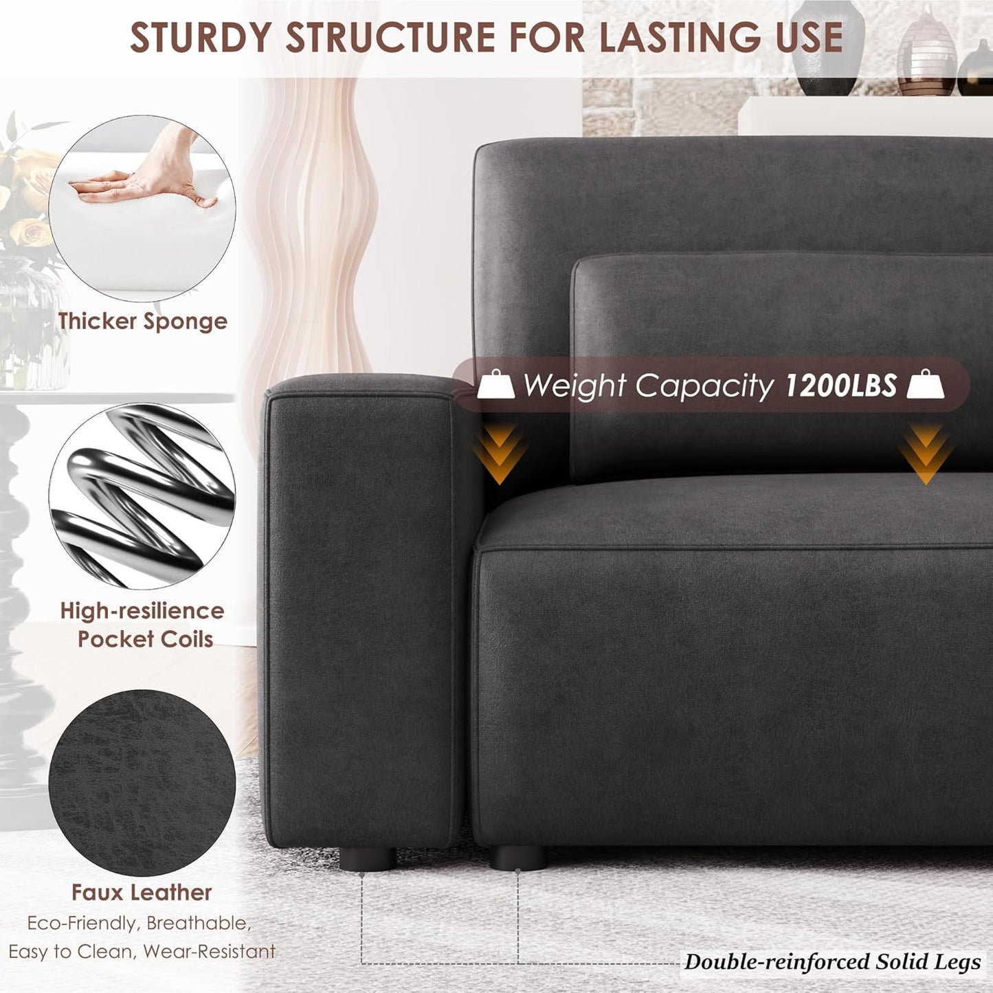 HIFIT 105" Black Faux Leather Sofa Couches for Living Room, Modern Comfy Couch with 28" Deep Seat & Fluffy Cushion, 4-Seater Home Sofa Living Room Furniture for Office with 2 Pillows, Solid Wood Frame