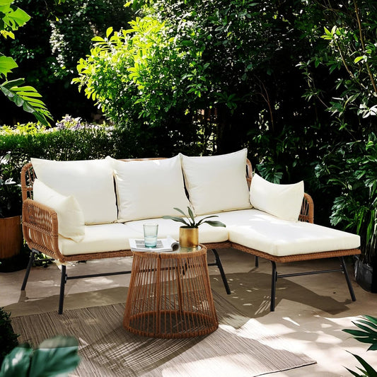 Bezseller 3-Piece Outdoor Patio Furniture Set, L-Shaped Rattan Sectional Sofa with Thick Cushions, Glass Coffee Table – All-Weather Conversation Set for Backyard, Porch, Poolside