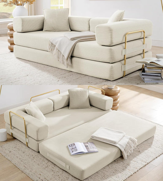 Convertible Sleeper Sofa Bed, Corduroy Folding Sofa Bed with Fixed-Shape Frame, Fold Out Floor Mattress Couch, Lazy Compression Sofa for Living Room, Bedroom, No Assembly Required, Beige