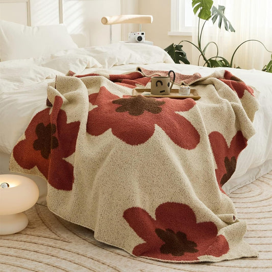 Floral Throw Blanket Big Flower Pattern Soft Cozy Warm Fuzzy Fluffy Microfiber Feather for Couch Bed Sofa Baby Pets Home Decor All Season (Chen Red, 47'' x 59'')