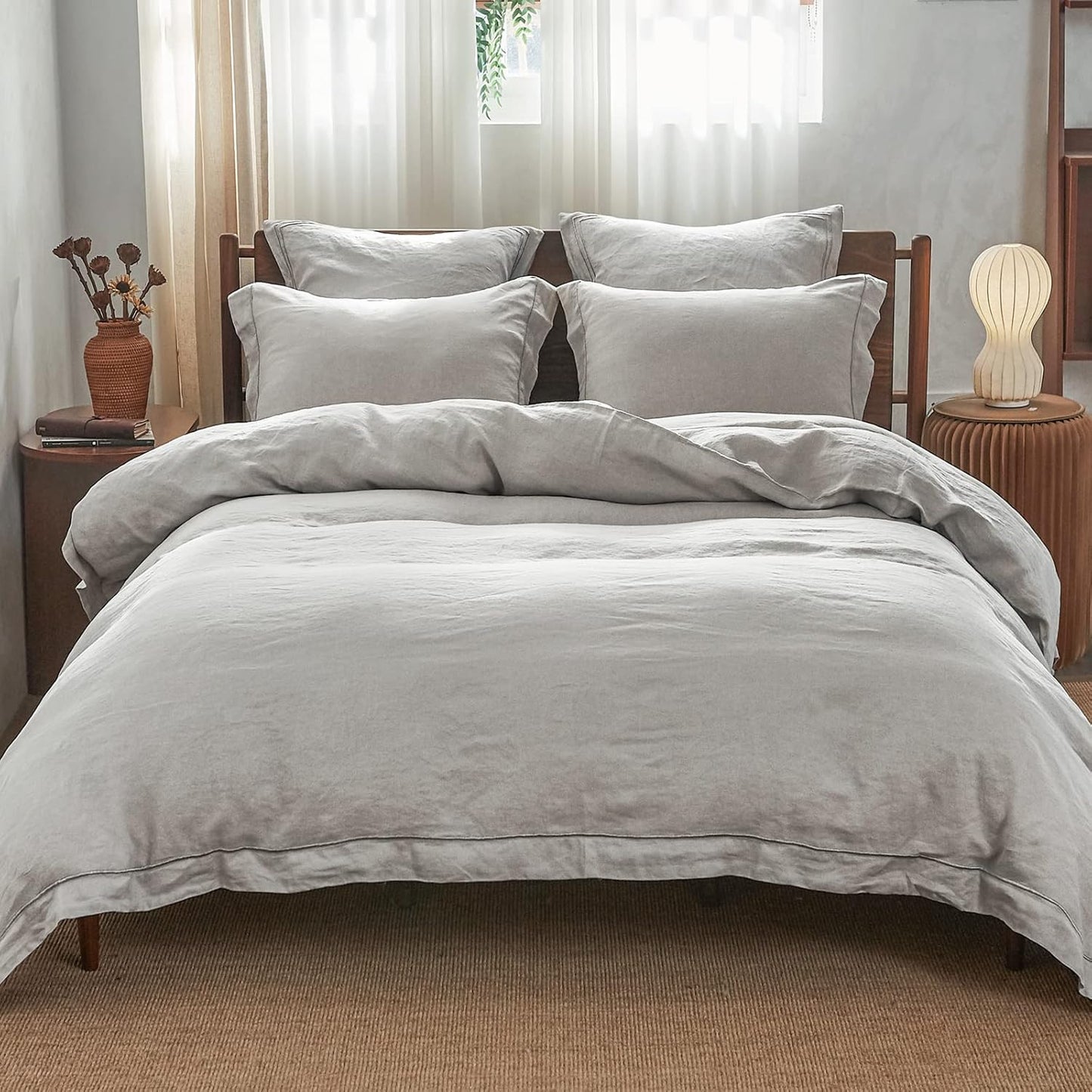 Simple&Opulence 100% Linen Duvet Cover Set with Embroidery Washed - 3 Pieces (1 Duvet Cover with 2 Pillow Shams) with Button Closure Soft Breathable Farmhouse - Linen, King Size